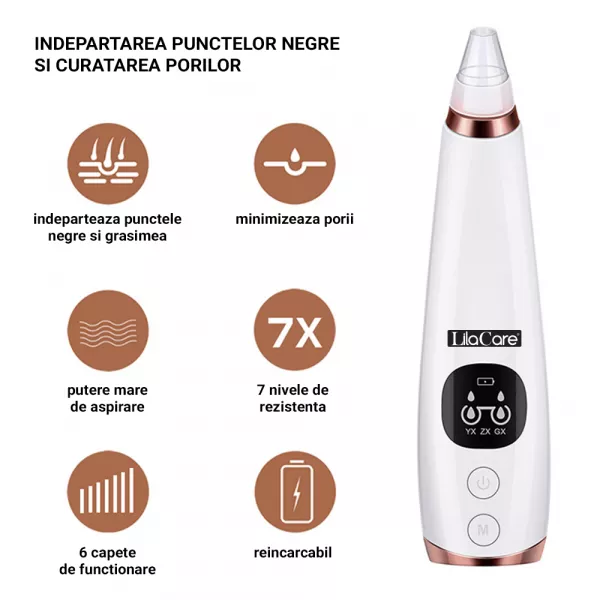 Aspirator facial Lila Care, ingrijire ten, indepartarea punctelor negre, minimizarea porilor, putere de aspirare mare, 6 capete inlocuibile, 7 nivele de rezistenta, portabil, alb
