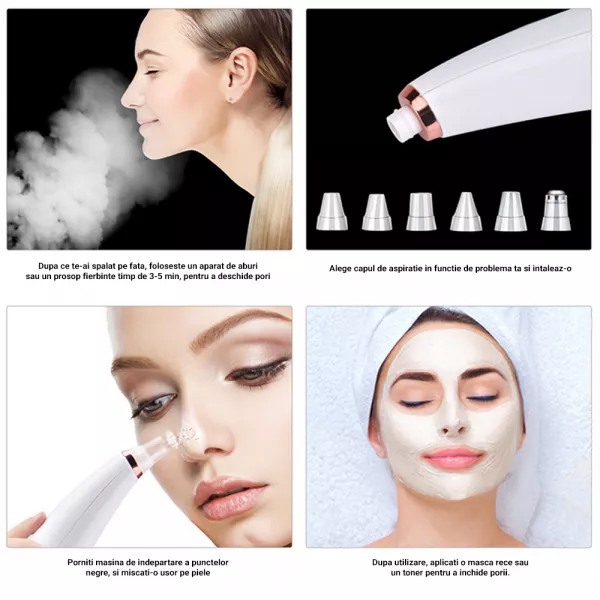 Aspirator facial Lila Care, ingrijire ten, indepartarea punctelor negre, minimizarea porilor, putere de aspirare mare, 6 capete inlocuibile, 7 nivele de rezistenta, portabil, alb
