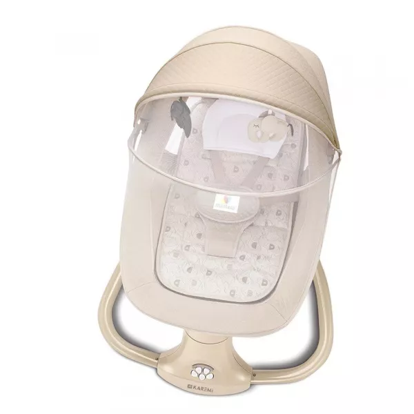 Leagan copii Karemi, Balansoar copii 3 in 1, electric, cu plasa tantari, perna detasabila, bara activitati, USB, bluetooth, telecomanda, yellow