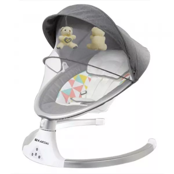 Balansoar pentru copii Karemi, patut ergonomic, cu acoperis rabatabil si plasa protectie, gri deschis