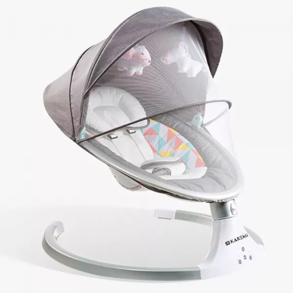 Balansoar pentru copii Karemi, patut ergonomic, cu acoperis rabatabil si plasa protectie, gri deschis
