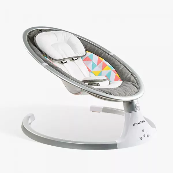 Balansoar pentru copii Karemi, patut ergonomic, cu acoperis rabatabil si plasa protectie, gri deschis