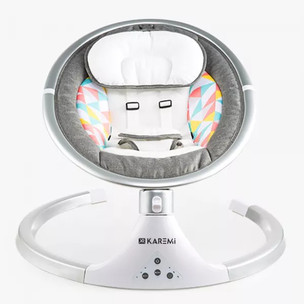 Balansoar pentru copii Karemi, patut ergonomic, cu acoperis rabatabil si plasa protectie, gri deschis