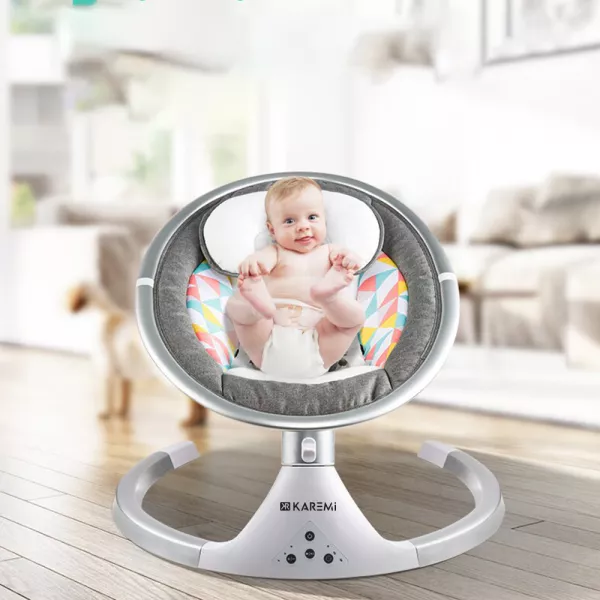 Balansoar pentru copii Karemi, patut ergonomic, cu acoperis rabatabil si plasa protectie, gri deschis