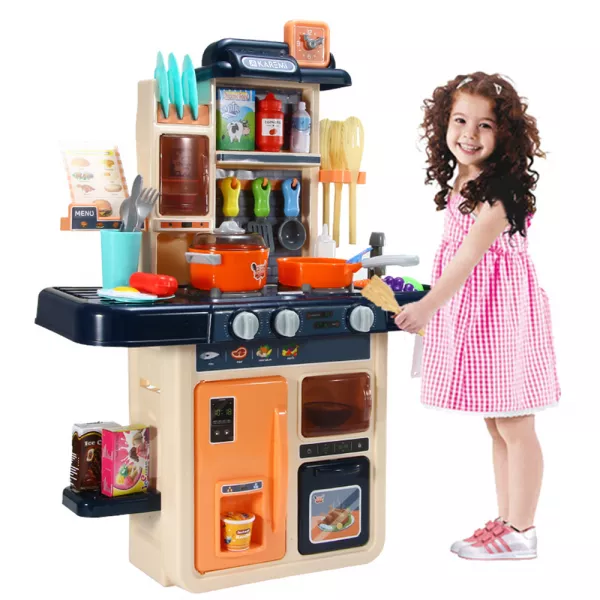 Bucatarie pentru copii Karemi, finisaje realiste, accesorii incluse, 47 x 23 x 63 cm, bej cu blat albastru