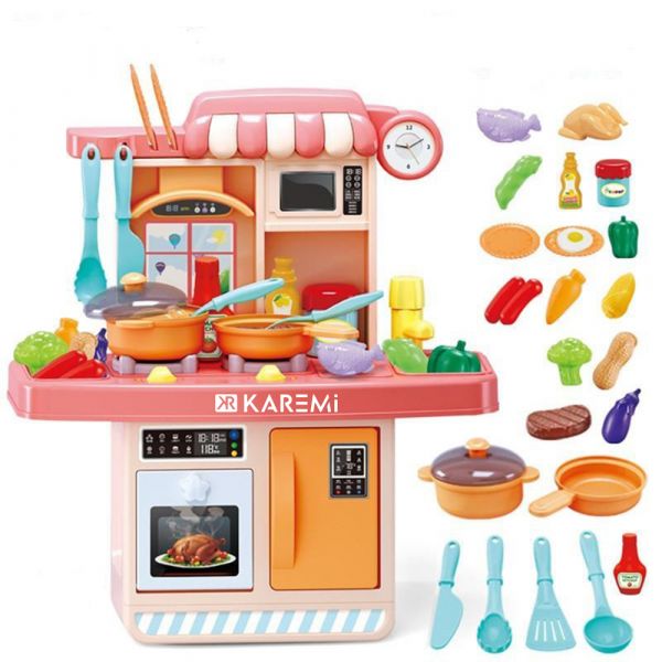 Bucatarie pentru copii Karemi, ustensile si accesorii, 23 piese, 34 x 16 x 39 cm, bej, blat roz