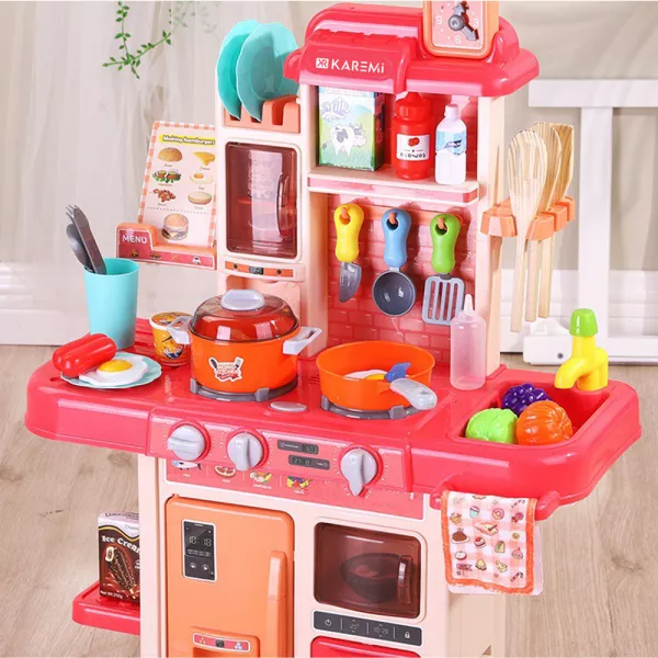Bucatarie pentru copii Karemi, finisaje realiste, accesorii incluse, 47 x 23 x 63 cm, bej cu blat roz