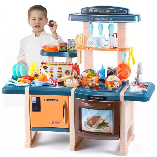 Bucatarie Dubla Completa Multifunctionala Karemi, Chiuveta cu Circuit de Apa, Masina de Spalat Vase, Cuptor, Oala sub Presiune, Ustensile, Produse, Legume, Lumini si Sunete, 42 piese, Albastru multicolor