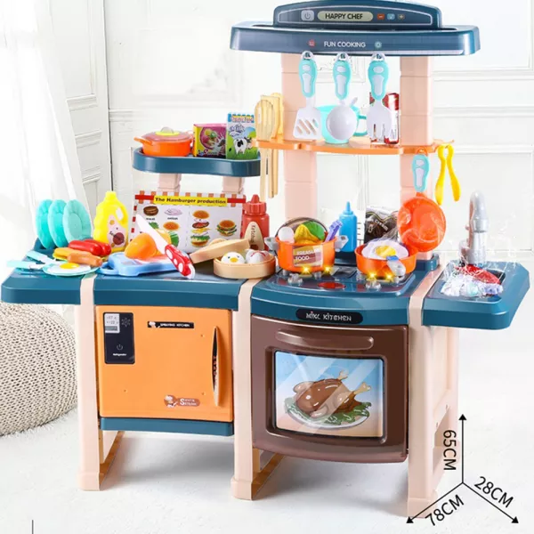 Bucatarie Dubla Completa Multifunctionala Karemi, Chiuveta cu Circuit de Apa, Masina de Spalat Vase, Cuptor, Oala sub Presiune, Ustensile, Produse, Legume, Lumini si Sunete, 42 piese, Albastru multicolor
