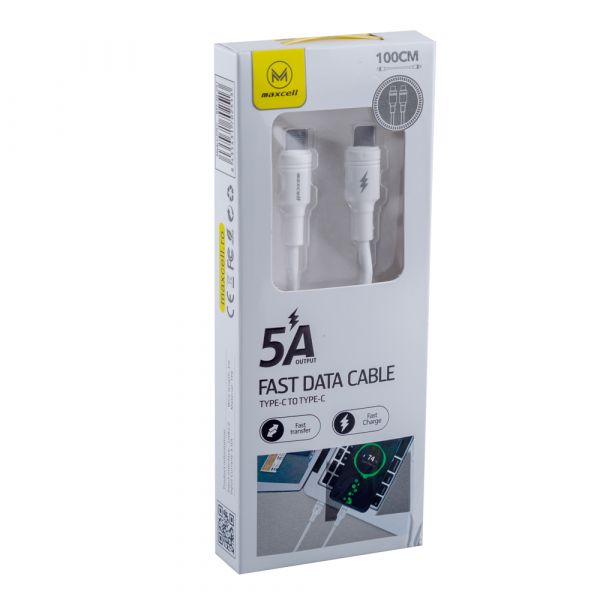 Cablu de date rapid de la USB-C la USB-C, 5A, 1 m, Alb