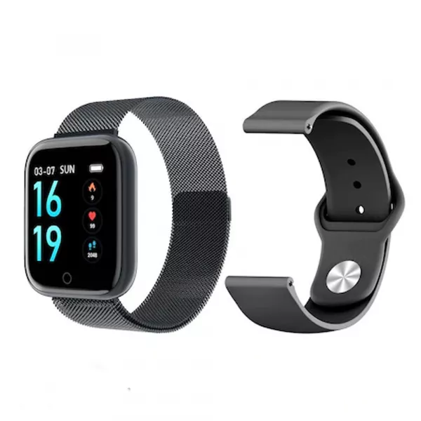 Ceas SmartWatch Loomax cu doua curele (metalica neagra, silicon neagra), SmartTime 80, 1.3" OLED Display, Model T80, Notificari retele sociale, Monitorizare Ritm Cardiac, Tensiune arteriala, Pedometru, Photo Control