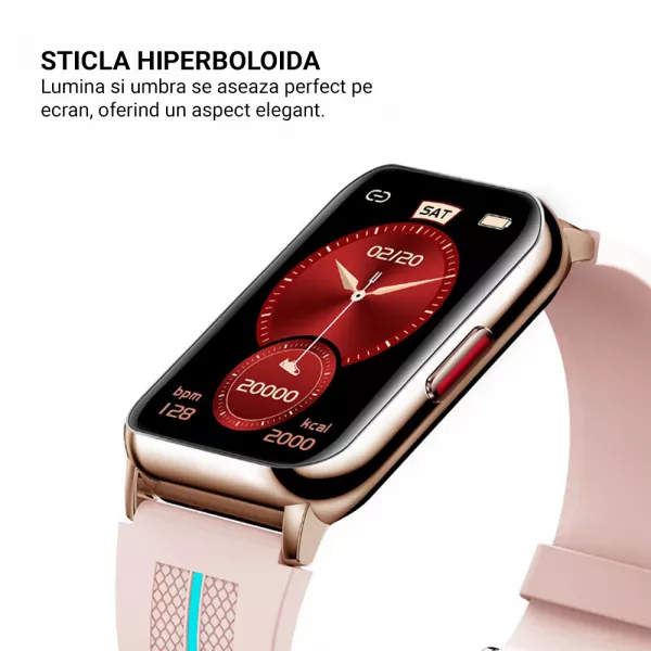 Ceas smartwatch loomax H76, IP68, ecran curbat de 1.57 inch, moduri sport, pedometru, puls, notificari, roz