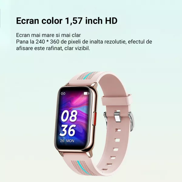 Ceas smartwatch loomax H76, IP68, ecran curbat de 1.57 inch, moduri sport, pedometru, puls, notificari, roz