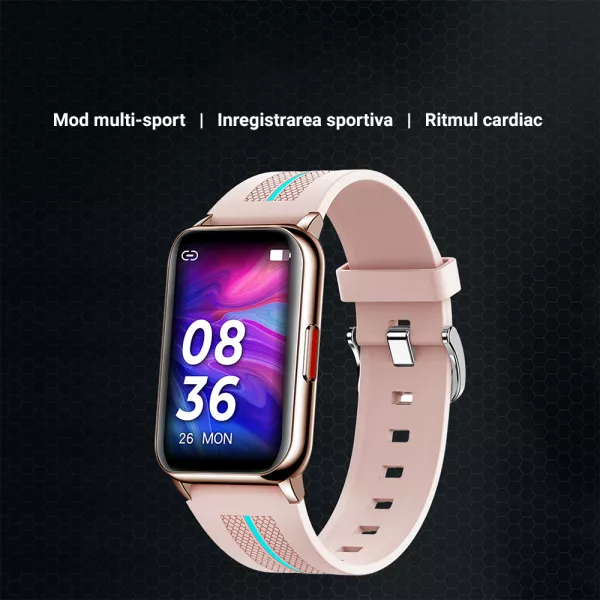 Ceas smartwatch loomax H76, IP68, ecran curbat de 1.57 inch, moduri sport, pedometru, puls, notificari, roz