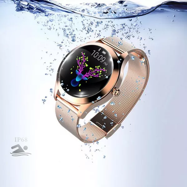 Ceas smartwatch loomax KW10, monitorizare ciclu menstrual, ritm cardiac, pedometru, sedentarism, somn, notificari instant, bratara metalica, rezistent la apa ip68, vibratii, multi sport, gold