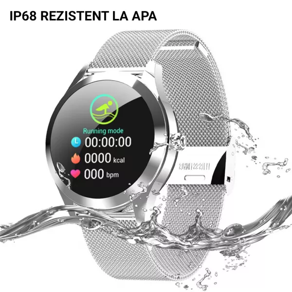 Ceas smartwatch loomax KW10, monitorizare ciclu menstrual, ritm cardiac, pedometru, sedentarism, somn, notificari instant, bratara metalica, rezistent la apa ip68, vibratii, multi sport, silver