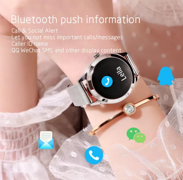 Ceas smartwatch loomax KW10, monitorizare ciclu menstrual, ritm cardiac, pedometru, sedentarism, somn, notificari instant, bratara metalica, rezistent la apa ip68, vibratii, multi sport, silver