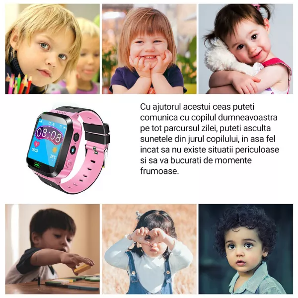 Ceas Smartwatch pentru copii Loomax cu functie telefon, apel video, localizare GPS, istoric traseu, pedometru, apel de monitorizare, camera, Android, Roz