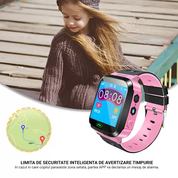 Ceas Smartwatch pentru copii Loomax cu functie telefon, apel video, localizare GPS, istoric traseu, pedometru, apel de monitorizare, camera, Android, Roz