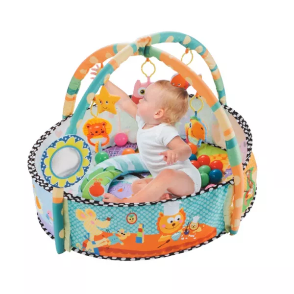 Centru de activitati 2 in 1 bebelusi, Karemi, 5 jucarii detasabile, 30 bile multicolore, saltea moale si multicolor