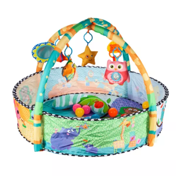 Centru de activitati 2 in 1 bebelusi, Karemi, 5 jucarii detasabile, 30 bile multicolore, saltea moale si multicolor
