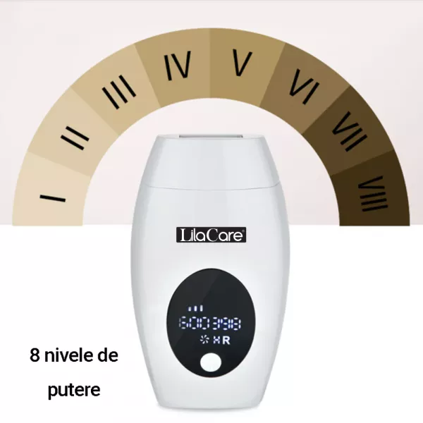 Epilator IPL Lila Care, epilare definitiva, 600.000 pulsatii, cu display LCD, 8 trepte de putere, Alb / Negru