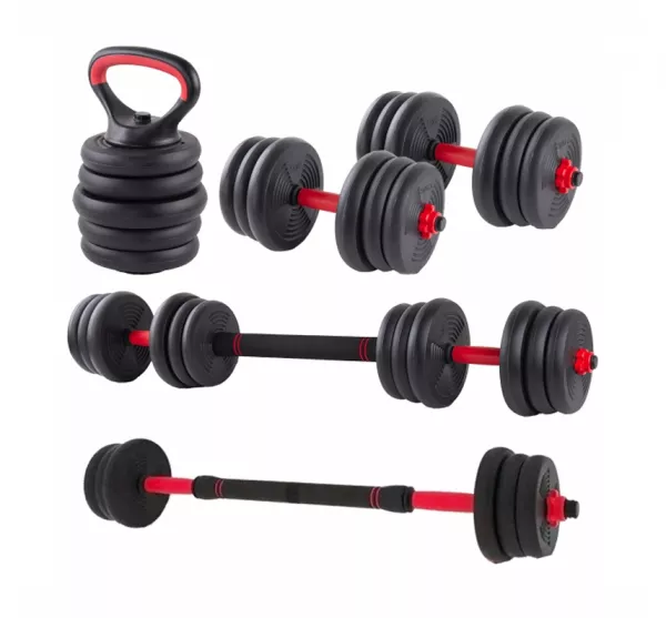 Set gantera reglabila kettlebell Karemi, 6 in 1, 20 kg, cu o multitudine de combinatii, negru cu rosu