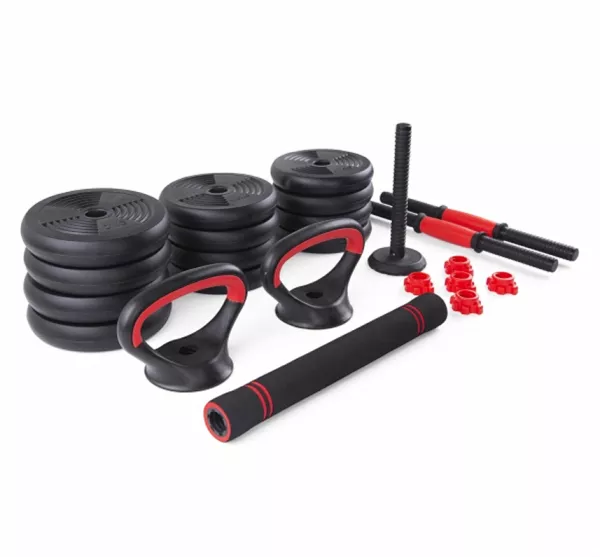 Set gantera reglabila kettlebell Karemi, 6 in 1, 20 kg, cu o multitudine de combinatii, negru cu rosu