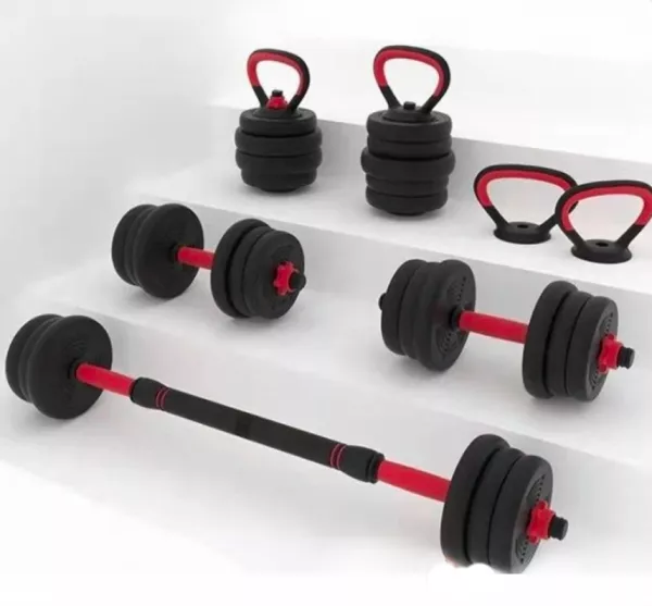 Set gantera reglabila kettlebell Karemi, 6 in 1, 20 kg, cu o multitudine de combinatii, negru cu rosu