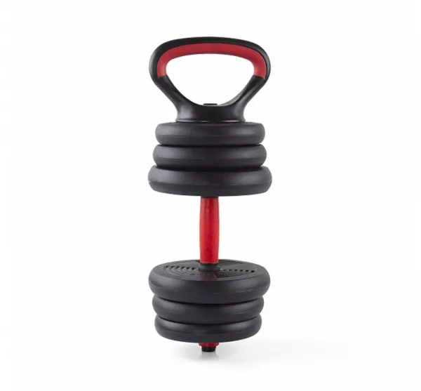 Set gantera reglabila kettlebell Karemi, 6 in 1, 20 kg, cu o multitudine de combinatii, negru cu rosu