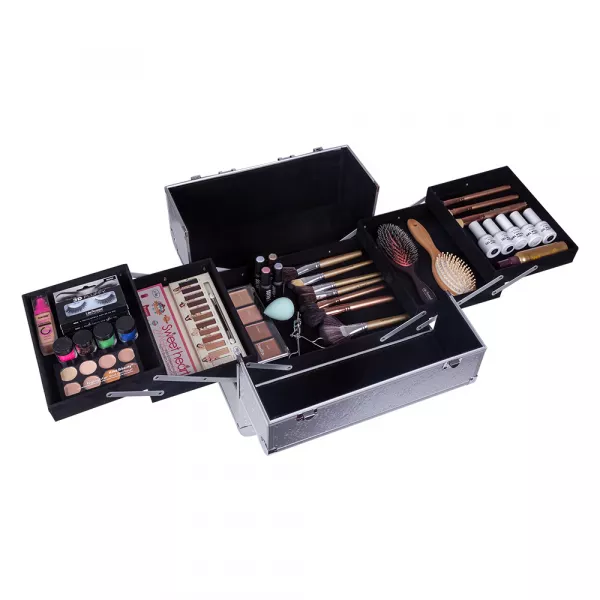 Geanta makeup pentru cosmetice, Lila Rossa, mare, cu cristale, cu clapeta si cheie, argintie, 38x25x28cm