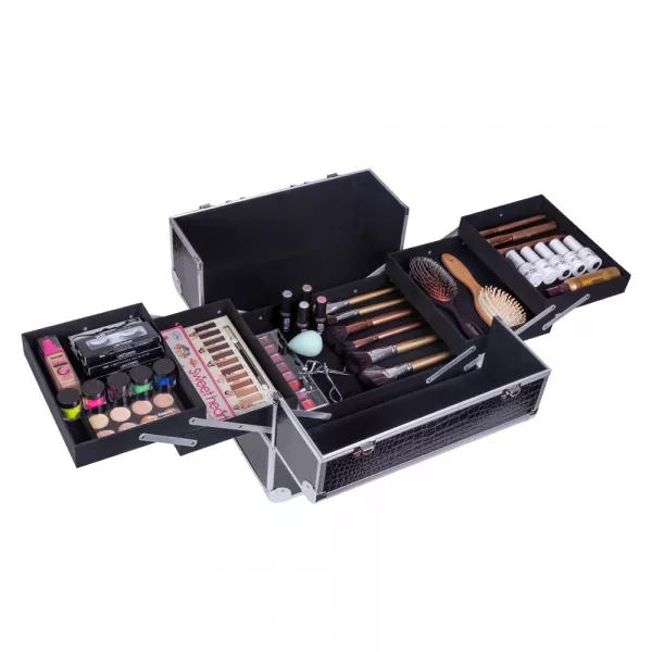 Geanta makeup pentru cosmetice, Lila Rossa, medie cu clapeta si cheie, neagra-argintie, 32x23x26 cm