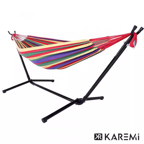 Hamac Karemi, pentru doua persoane, cu suport metalic si geanta de transport, multicolor