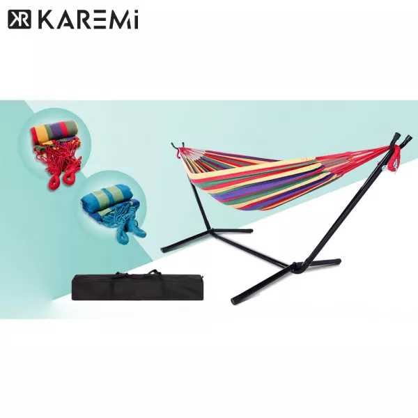 Hamac Karemi, pentru doua persoane, cu suport metalic si geanta de transport, multicolor