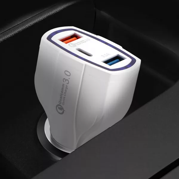 Incarcator auto cu incarcare rapida, QC 3.0, 2 porturi USB si tip C, 20W, alb