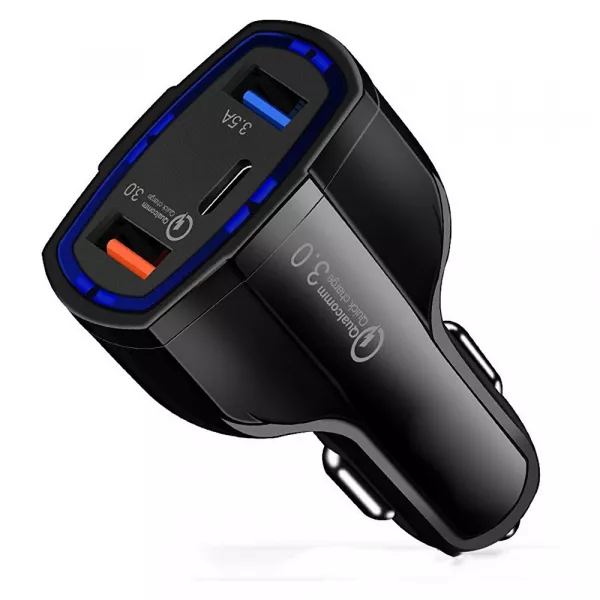 Incarcator auto cu incarcare rapida, QC 3.0, 2 porturi USB si tip C, 20 W, negru