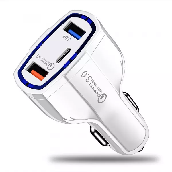 Incarcator auto cu incarcare rapida, QC 3.0, 2 porturi USB si tip C, 20W, alb