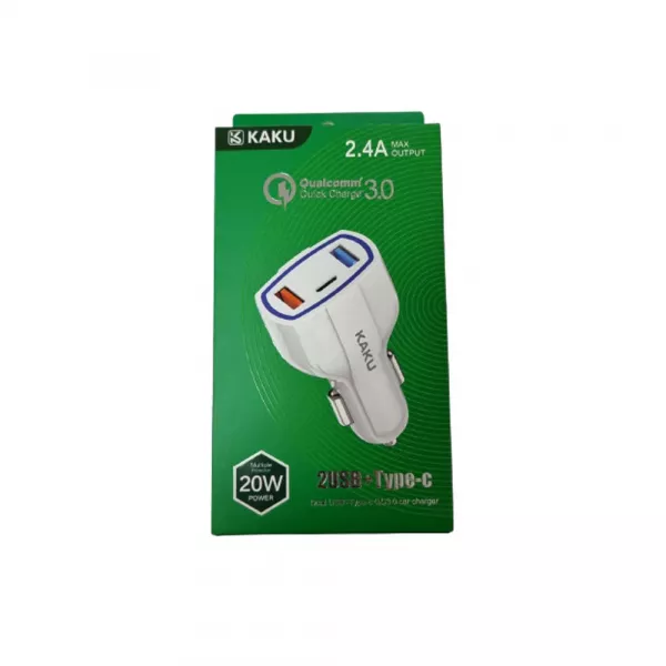 Incarcator auto cu incarcare rapida, QC 3.0, 2 porturi USB si tip C, 20W, alb