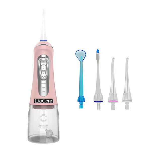 Irigator oral Lila Care, portabil, USB, jet de apa dentar, 3 moduri, rezervor de apa impermeabil dinti,  4 capete inlocuibile, 320 ml, Roz