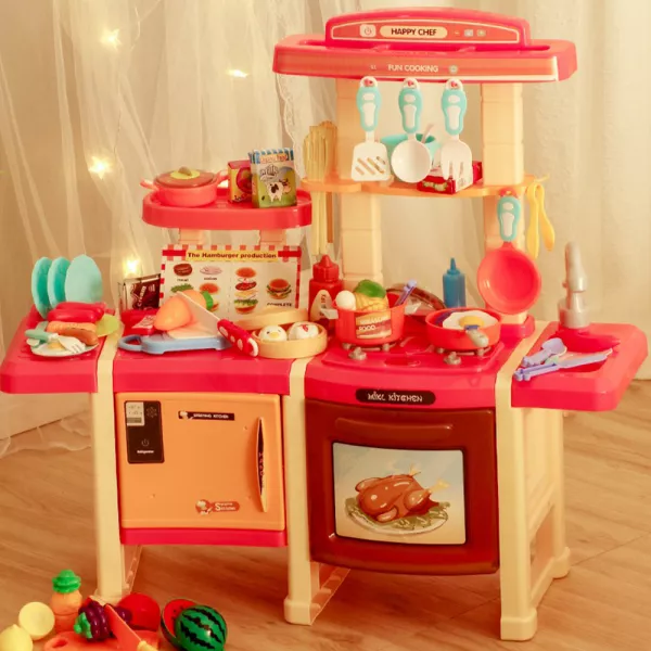 Bucatarie Dubla Completa Multifunctionala Karemi, Chiuveta cu Circuit de Apa, Masina de Spalat Vase, Cuptor, Oala sub Presiune, Ustensile, Produse, Legume, Lumini si Sunete, 42 piese, Roz / Portocaliu