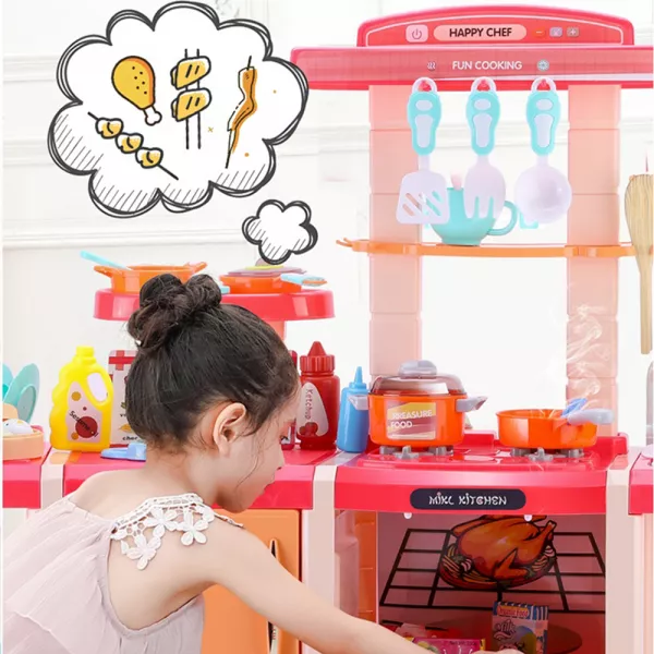 Bucatarie Dubla Completa Multifunctionala Karemi, Chiuveta cu Circuit de Apa, Masina de Spalat Vase, Cuptor, Oala sub Presiune, Ustensile, Produse, Legume, Lumini si Sunete, 42 piese, Roz / Portocaliu