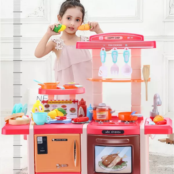 Bucatarie Dubla Completa Multifunctionala Karemi, Chiuveta cu Circuit de Apa, Masina de Spalat Vase, Cuptor, Oala sub Presiune, Ustensile, Produse, Legume, Lumini si Sunete, 42 piese, Roz / Portocaliu