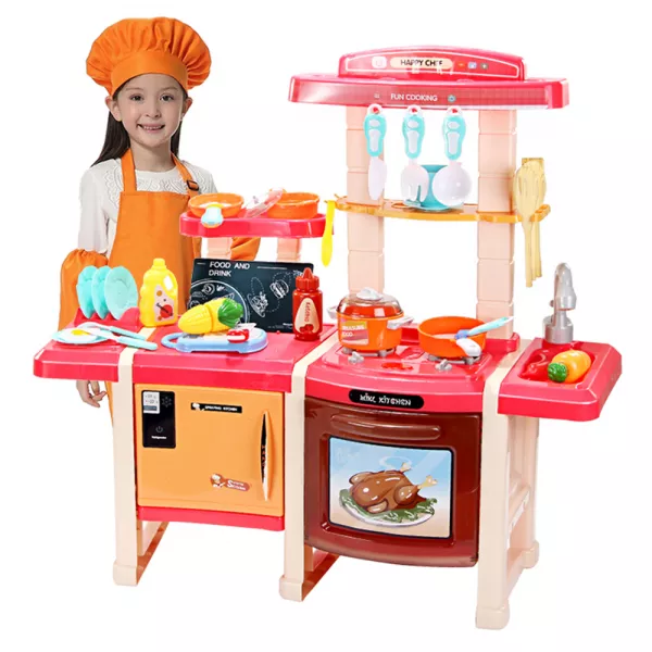 Bucatarie Dubla Completa Multifunctionala Karemi, Chiuveta cu Circuit de Apa, Masina de Spalat Vase, Cuptor, Oala sub Presiune, Ustensile, Produse, Legume, Lumini si Sunete, 42 piese, Roz / Portocaliu