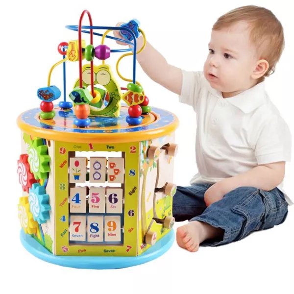 Jucarie educativa multifunctionala Karemi pentru copii, din lemn, cu 8 moduri, multicolor