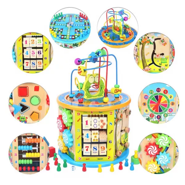 Jucarie educativa multifunctionala Karemi pentru copii, din lemn, cu 8 moduri, multicolor
