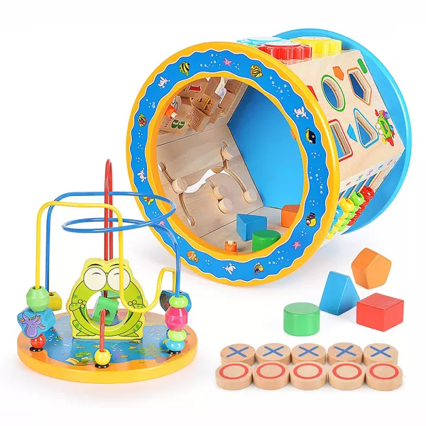 Jucarie educativa multifunctionala Karemi pentru copii, din lemn, cu 8 moduri, multicolor