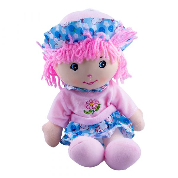 Papusa de plus Karemi, cu fusta si palarie, 26 cm, Roz / Albastru