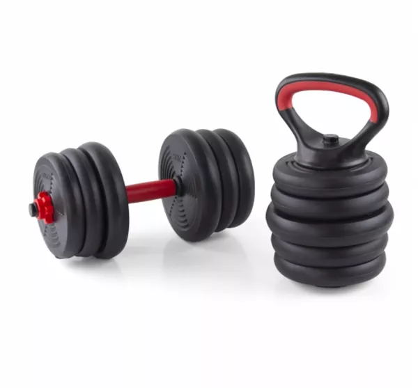 Set gantere reglabile kettlebell Karemi, 6 in 1, 30 kg, cu o multitudine de combinatii, negru cu rosu