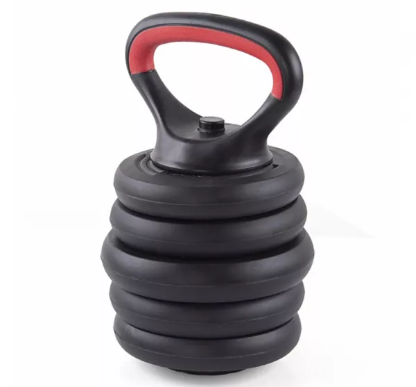 Set gantere reglabile kettlebell Karemi, 6 in 1, 30 kg, cu o multitudine de combinatii, negru cu rosu