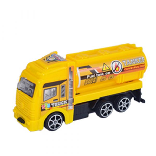 Set 5 masinute Karemi, seria de inginerie in constructii, cu elicopter, motocicleta, autobuz, cisterna, excavator, galbene